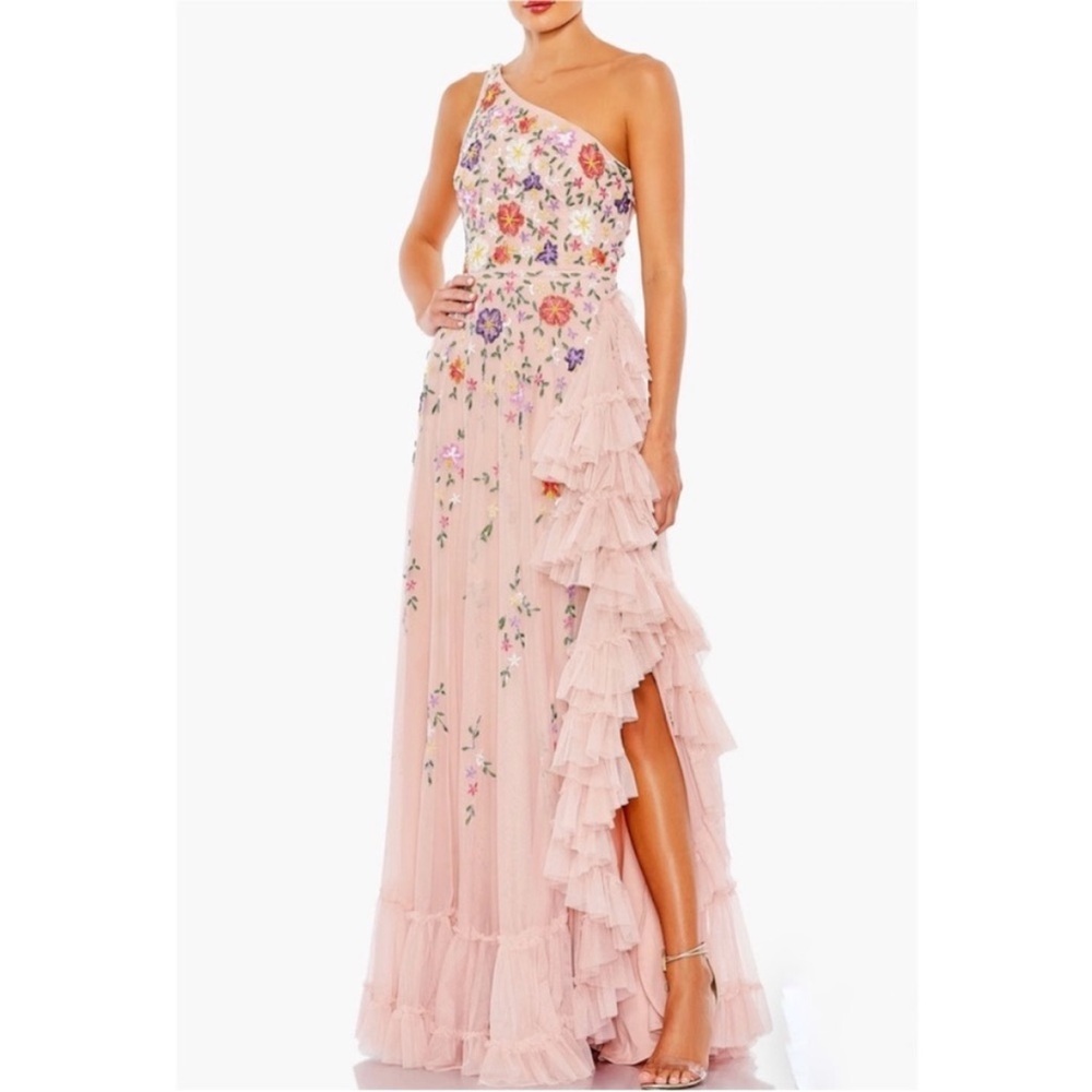 Mac Duggal blushed pink embroidered beaded floral gown NEW
